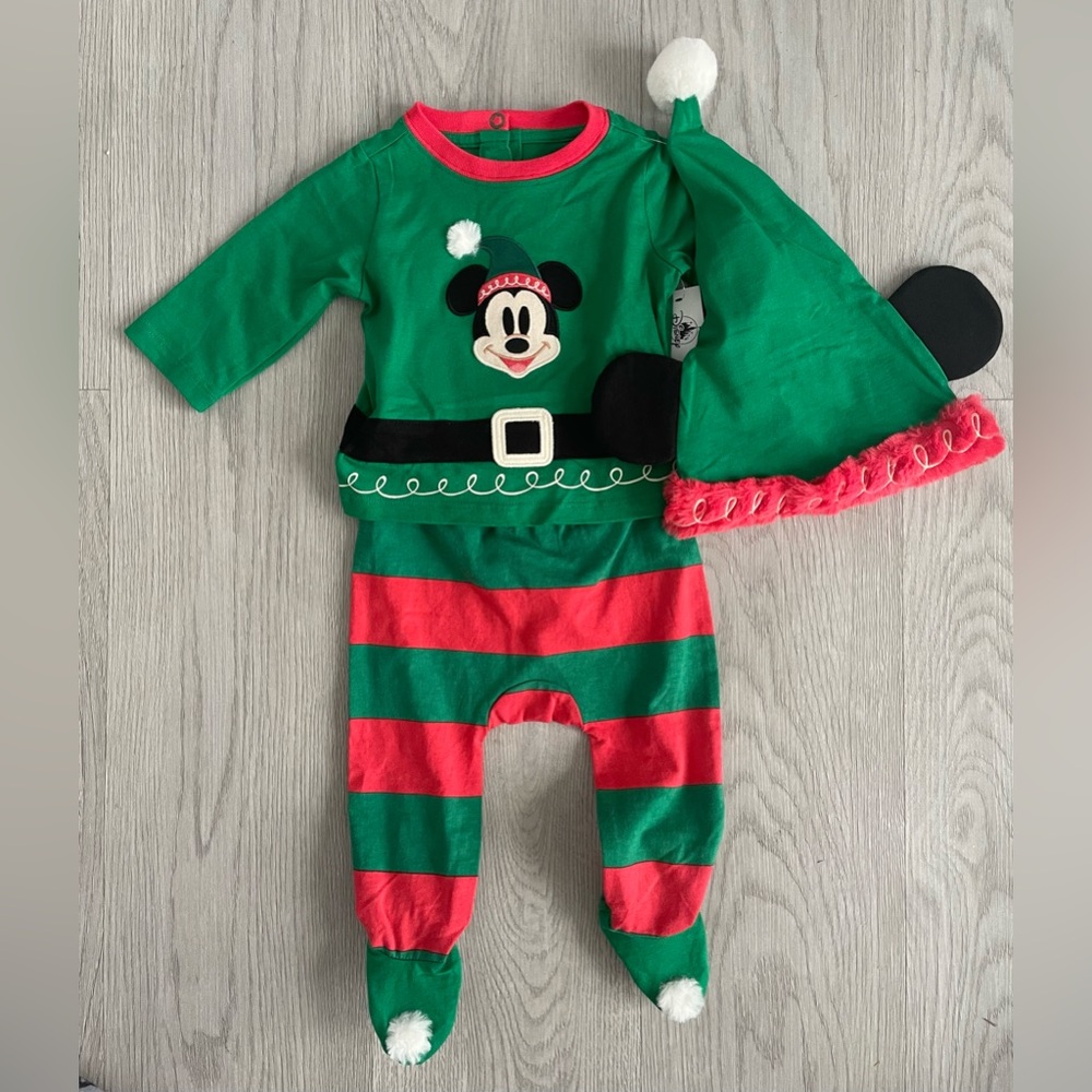 NEW Walt Disney Parks Infant & Toddler Mickey Mouse Elf‎ Pajamas w/ Ears Hat